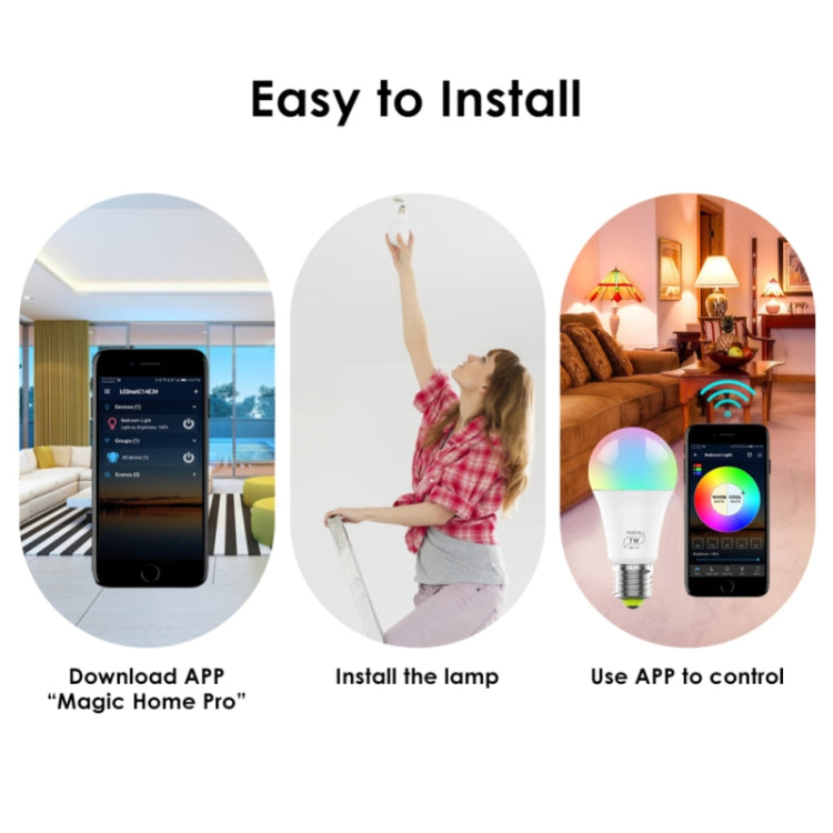 مصباح ذكي LED بقوة 7 واط E27 RGBCW مع واي فاي، إضاءة ذكية لاسلكية لأتمتة المنزل