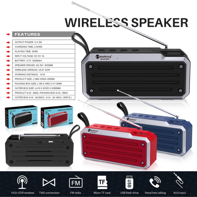 مكبر صوت بلوتوث ستيريو محمول TWS NewRixing NR4018FM يدعم بطاقة TF وراديو FM و AUX 3.5 مم و U Disk ومكالمات بدون استخدام اليدين