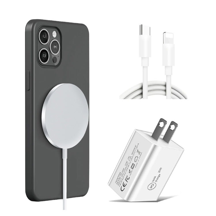 XJ-32 3 في 1 شحن لاسلكي مغناطيسي شفط 15W + شاحن سفر PD 20W USB-C / Type-C + كابل شحن سريع USB-C / Type-C إلى 8 دبوس لسلسلة iPhone، قابس أمريكي، قابس أوروبي، قابس بريطاني