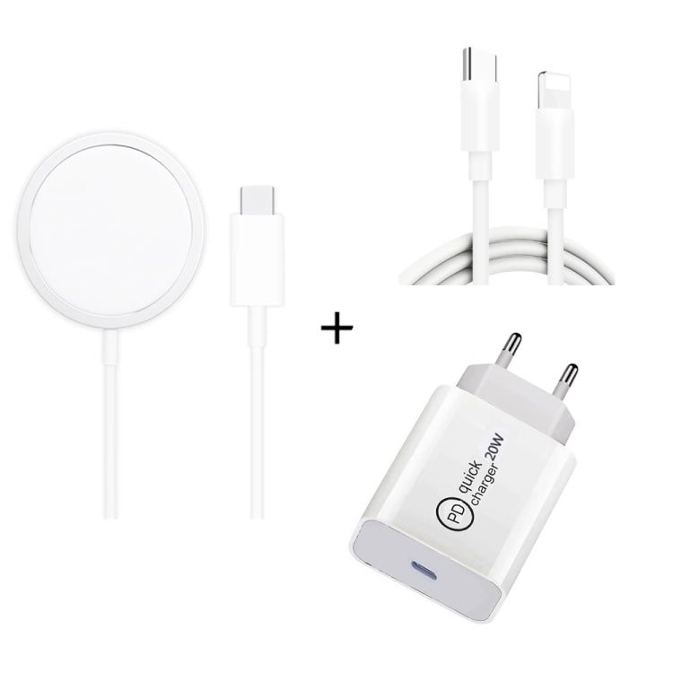 XJ-32 3 في 1 شحن لاسلكي مغناطيسي شفط 15W + شاحن سفر PD 20W USB-C / Type-C + كابل شحن سريع USB-C / Type-C إلى 8 دبوس لسلسلة iPhone، قابس أمريكي، قابس أوروبي، قابس بريطاني