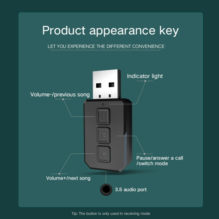 محول صوت USB بلوتوث RT02 يستقبل ويرسل 2 في 1 بلوتوث 5.0 للمكالمات بدون استخدام اليدين ومستقبل بلوتوث للسيارة