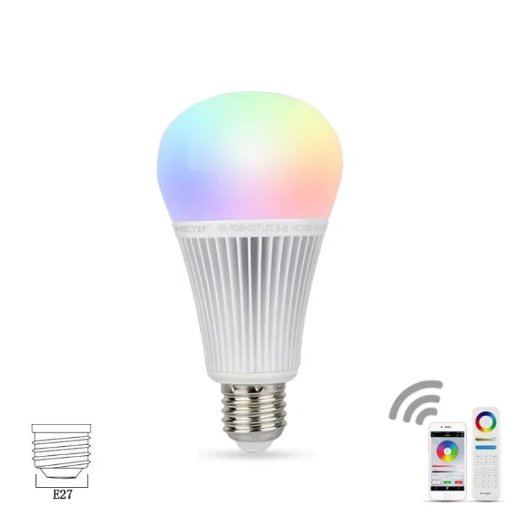 FUT012 لمبة LED 9W E27 RGB + CCT، 100V-240V، لون كامل، تحكم عن بعد، لمبة ذكية واي فاي 2.4G لاسلكية