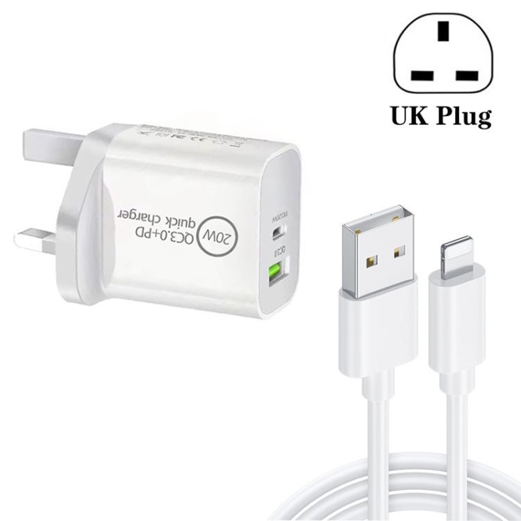 شاحن سفر عالمي مزدوج الشحن السريع SDC-20WA+C 20 واط PD 3.0 + QC 3.0 USB مع كابل بيانات شحن سريع Micro USB إلى 8 بن، قابس المملكة المتحدة، USB إلى 8 بن (قابس المملكة المتحدة)