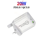 شاحن سفر عالمي مزدوج الشحن السريع SDC-20WA+C 20 واط PD 3.0 + QC 3.0 USB مع كابل بيانات شحن سريع USB إلى Type-C / USB-C، قابس المملكة المتحدة، USB إلى Type-C / USB-C (قابس المملكة المتحدة)