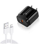 شاحن سفر محمول LZ-023 بقدرة 18 واط QC 3.0 USB + كابل بيانات USB إلى 8 دبابيس بقوة 3 أمبير، قابس الولايات المتحدة، كابل بيانات USB إلى 8 دبابيس، قابس الولايات المتحدة، كابل 8 دبابيس، قابس الولايات المتحدة