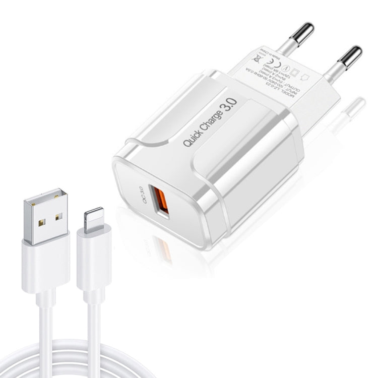شاحن سفر محمول LZ-023 بقدرة 18 واط QC 3.0 USB + كابل بيانات USB إلى 8 دبابيس بقوة 3 أمبير، قابس الاتحاد الأوروبي، كابل 8 دبابيس، قابس الاتحاد الأوروبي