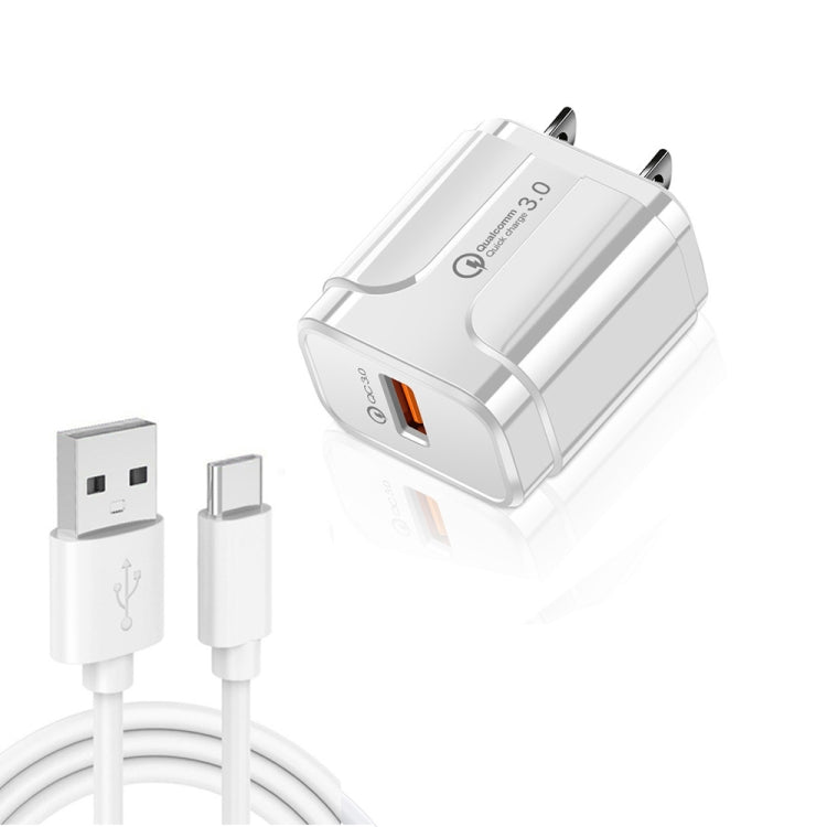 شاحن سفر USB محمول LZ-023 18W QC3.0 + كابل بيانات USB إلى Type-C 3A، قابس أمريكي، كابل بيانات Type-C، قابس أمريكي