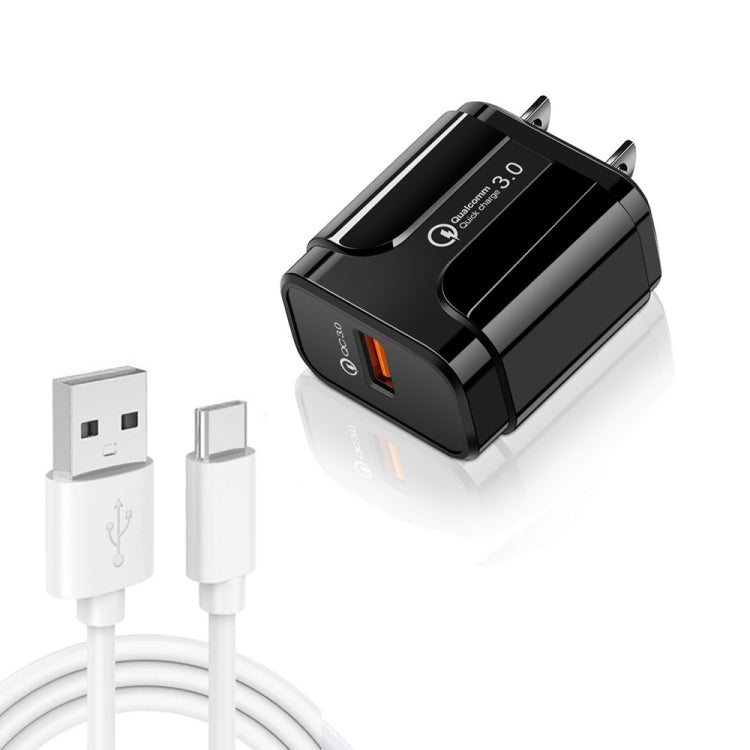 شاحن سفر USB محمول LZ-023 18W QC3.0 + كابل بيانات USB إلى Type-C 3A، قابس أمريكي، كابل بيانات Type-C، قابس أمريكي
