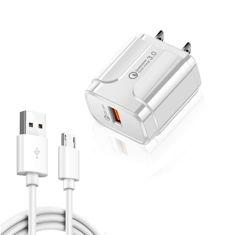 شاحن سفر USB محمول LZ-023 18W QC 3.0 + كابل بيانات USB إلى Micro USB 3A، قابس أمريكي، كابل بيانات Micro USB، قابس أمريكي