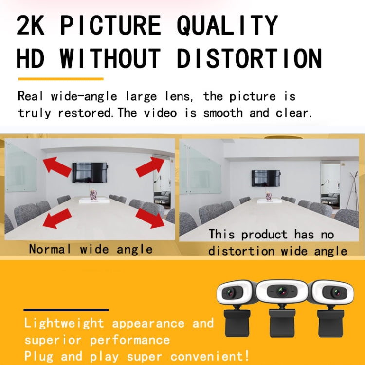 كاميرا ويب C10 بدقة 2K HD بدون تشويه، دوران 360 درجة، إضاءة ثلاثية السرعات، USB بدون تعريف، ميكروفون مدمج بصوت أوضح