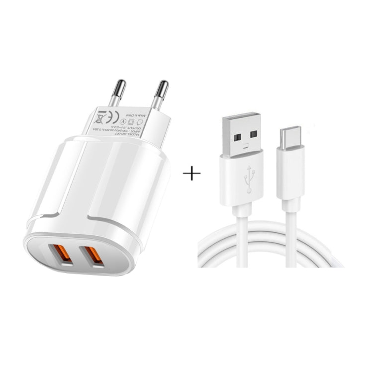 شاحن سفر محمول مزدوج USB + كابل بيانات USB إلى Type-C بطول 1 متر، قابس أوروبي