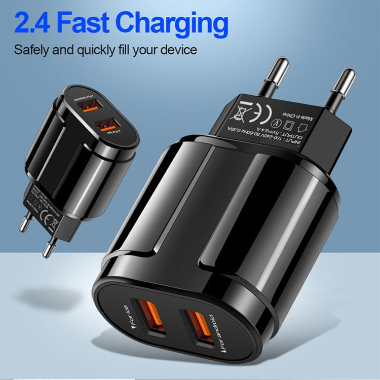 شاحن سفر محمول مزدوج USB + كابل بيانات USB إلى Type-C بطول 1 متر، قابس أوروبي