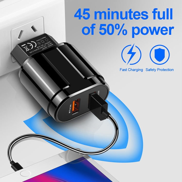 شاحن سفر محمول مزدوج USB + كابل بيانات USB إلى Type-C بطول 1 متر، قابس أوروبي