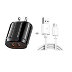 شاحن سفر محمول مزدوج USB + كابل بيانات USB إلى Micro USB بطول 1 متر، قابس أمريكي