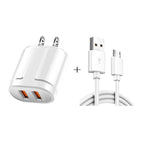 شاحن سفر محمول مزدوج USB + كابل بيانات USB إلى Micro USB بطول 1 متر، قابس أمريكي