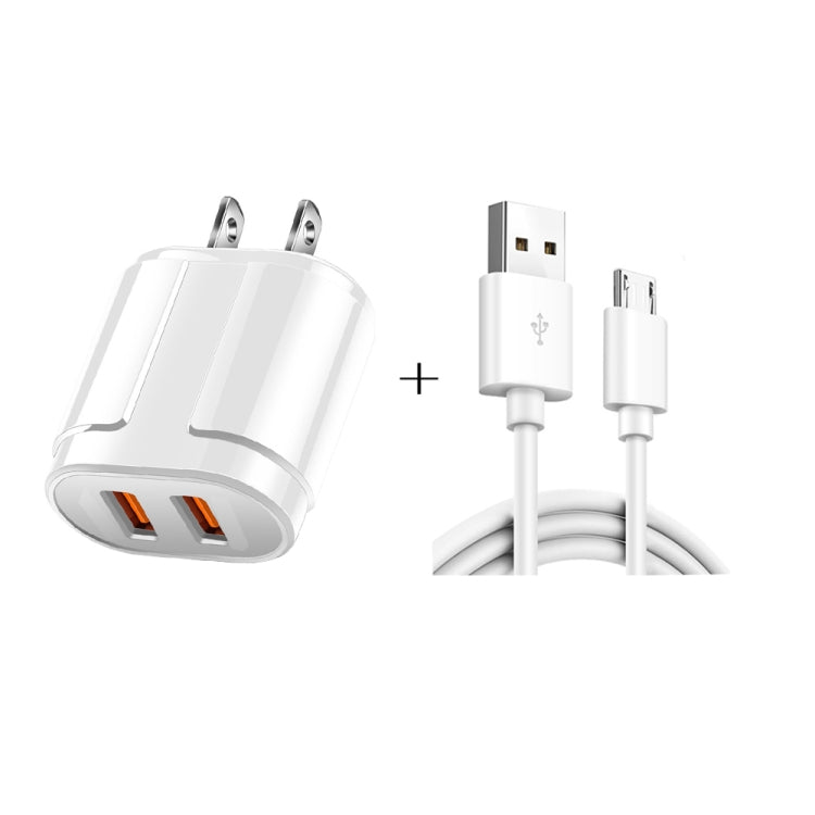 شاحن سفر محمول مزدوج USB + كابل بيانات USB إلى Micro USB بطول 1 متر، قابس أمريكي