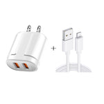 شاحن سفر محمول مزدوج USB + كابل بيانات USB بطول 1 متر إلى 8 دبابيس، قابس أمريكي