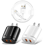 شاحن سفر محمول مزدوج USB + كابل بيانات USB بطول 1 متر إلى 8 دبابيس، قابس أمريكي