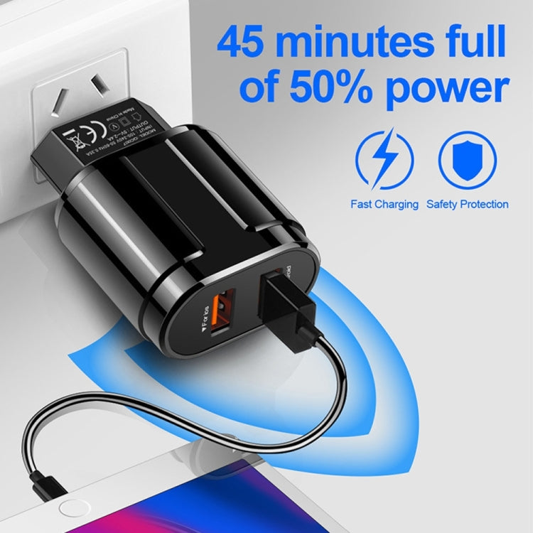 شاحن سفر محمول مزدوج USB + كابل بيانات USB بطول 1 متر إلى 8 دبابيس، قابس أمريكي