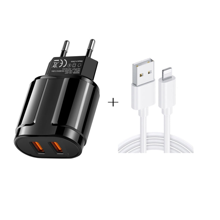 شاحن سفر محمول بمنفذين USB + كابل بيانات USB بطول 1 متر إلى 8 دبابيس، قابس الاتحاد الأوروبي