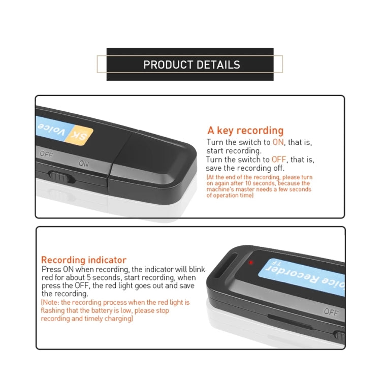 مسجل صوت رقمي محمول USB قابل لإعادة الشحن SK001 مع دعم بطاقة TF، 32GB
