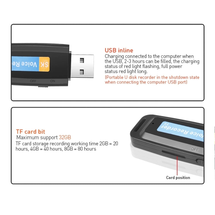 مسجل صوت رقمي محمول USB قابل لإعادة الشحن SK001 مع دعم بطاقة TF، 32GB