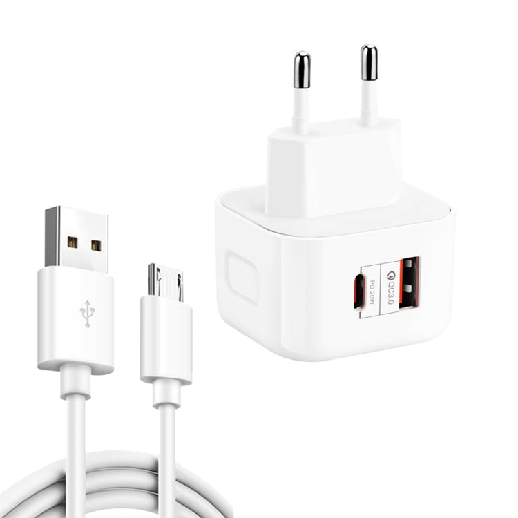 شاحن سفر شحن سريع مزدوج YSY-6087PD 20W PD3.0 + QC3.0 مع كابل بيانات USB إلى Micro USB، قابس أوروبي، قابس أمريكي، قابس بريطاني