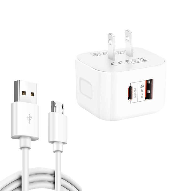 شاحن سفر شحن سريع مزدوج YSY-6087PD 20W PD3.0 + QC3.0 مع كابل بيانات USB إلى Micro USB، قابس أوروبي، قابس أمريكي، قابس بريطاني