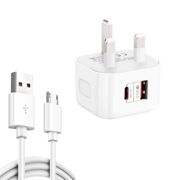 شاحن سفر شحن سريع مزدوج YSY-6087PD 20W PD3.0 + QC3.0 مع كابل بيانات USB إلى Micro USB، قابس أوروبي، قابس أمريكي، قابس بريطاني