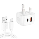 شاحن سفر سريع مزدوج YSY-6087PD بقوة 20 واط PD3.0 + QC3.0 مع كابل بيانات USB إلى Type-C، قابس الاتحاد الأوروبي، قابس الولايات المتحدة، قابس المملكة المتحدة