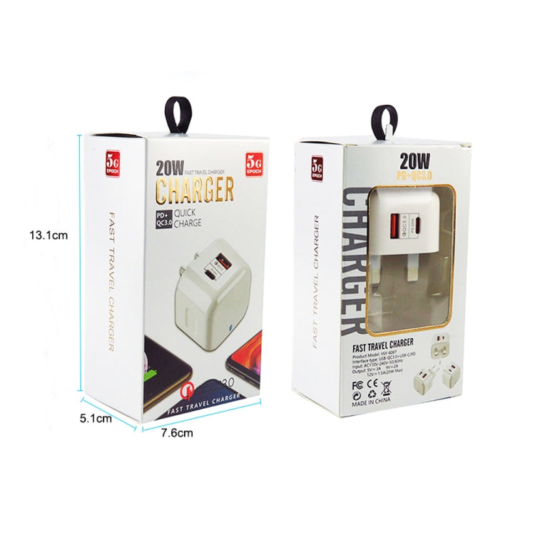شاحن سفر سريع مزدوج YSY-6087PD بقوة 20 واط PD3.0 + QC3.0 مع كابل بيانات Type-C إلى Type-C، قابس الاتحاد الأوروبي، قابس الولايات المتحدة، قابس المملكة المتحدة