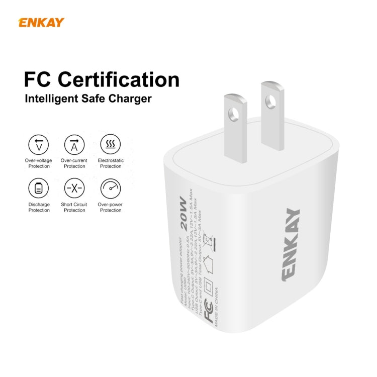 شاحن سفر محمول ENKAY Hat-Prince U090 20 واط PD + QC 3.0 بمنافذ مزدوجة للشحن السريع، قابس الولايات المتحدة