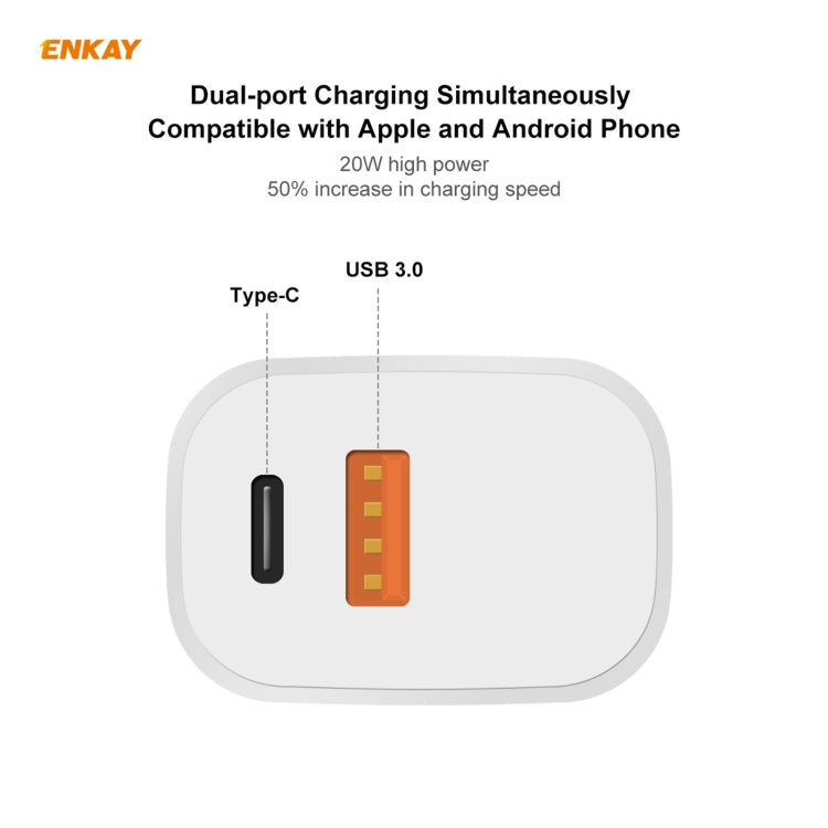 شاحن سفر محمول ENKAY Hat-Prince U090 20 واط PD + QC 3.0 بمنافذ مزدوجة للشحن السريع، قابس الولايات المتحدة
