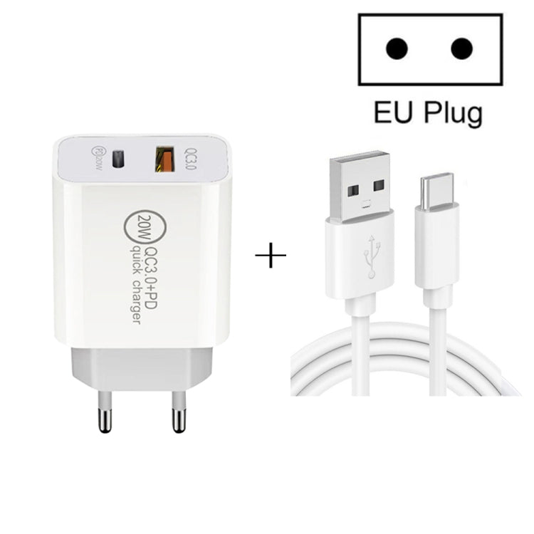 شاحن سفر شحن سريع 20W PD Type-C + QC 3.0 USB مع كابل بيانات شحن سريع USB إلى Type-C، قابس أوروبي، قابس أمريكي، قابس أسترالي