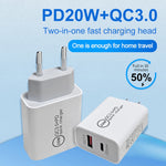 شاحن سفر شحن سريع 20W PD Type-C + QC 3.0 USB مع كابل بيانات شحن سريع USB إلى Type-C، قابس أوروبي، قابس أمريكي، قابس أسترالي
