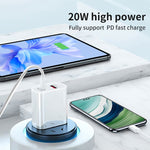 شاحن سفر شحن سريع 20W PD Type-C + QC 3.0 USB مع كابل بيانات شحن سريع USB إلى Type-C، قابس أوروبي، قابس أمريكي، قابس أسترالي