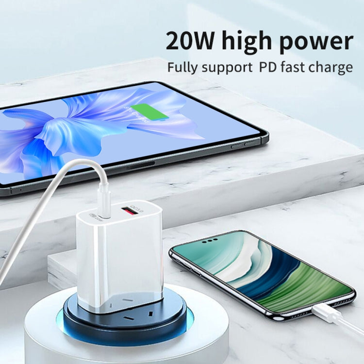 شاحن سفر شحن سريع 20W PD Type-C + QC 3.0 USB مع كابل بيانات شحن سريع USB إلى Type-C، قابس أوروبي، قابس أمريكي، قابس أسترالي