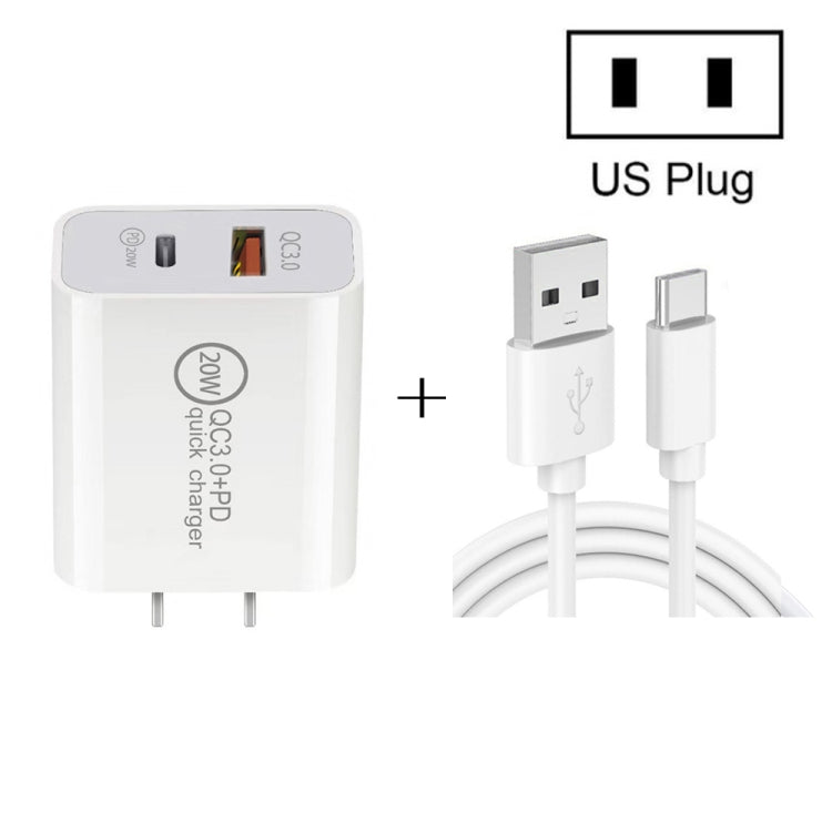 شاحن سفر شحن سريع 20W PD Type-C + QC 3.0 USB مع كابل بيانات شحن سريع USB إلى Type-C، قابس أوروبي، قابس أمريكي، قابس أسترالي