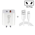 شاحن سفر شحن سريع 20W PD Type-C + QC 3.0 USB مع كابل بيانات شحن سريع USB إلى Type-C، قابس أوروبي، قابس أمريكي، قابس أسترالي