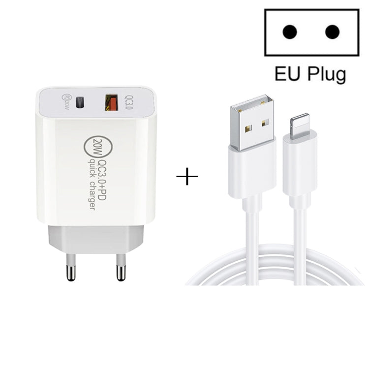 شاحن سفر سريع بقدرة 20 واط PD Type-C + QC 3.0 بمنفذ USB مع كابل بيانات شحن سريع USB إلى 8 دبابيس، قابس الاتحاد الأوروبي، قابس الولايات المتحدة، قابس أستراليا