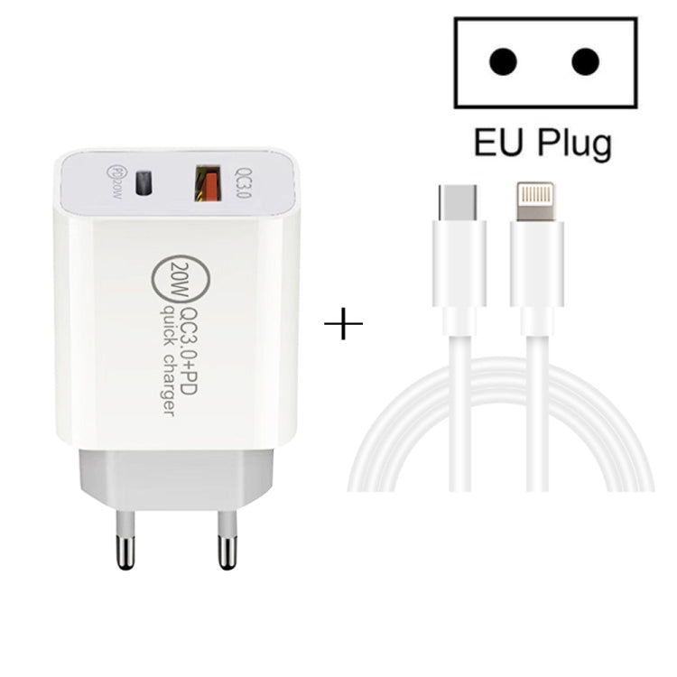 شاحن سفر سريع بقدرة 20 واط PD Type-C + QC 3.0 بمنفذ USB مع كابل بيانات شحن سريع USB-C / Type-C إلى 8 دبابيس، قابس الاتحاد الأوروبي، قابس الولايات المتحدة، قابس أستراليا