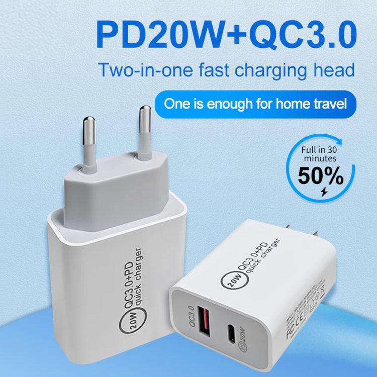 شاحن سفر سريع بقدرة 20 واط PD Type-C + QC 3.0 بمنفذ USB مع كابل بيانات شحن سريع USB-C / Type-C إلى 8 دبابيس، قابس الاتحاد الأوروبي، قابس الولايات المتحدة، قابس أستراليا