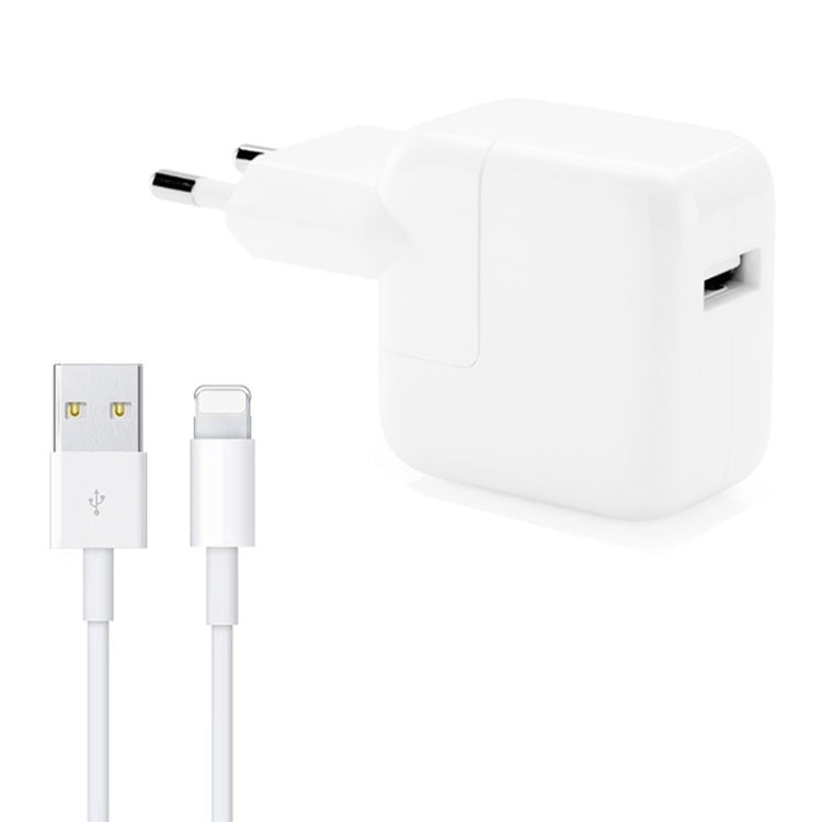 شاحن USB بقوة 12 واط + كابل بيانات USB إلى 8 سنون لسلسلة iPad / iPhone / iPod، قابس أوروبي