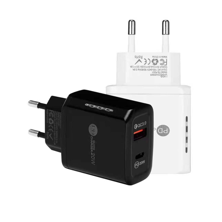 شاحن سريع TE-PD01 بمنفذين USB PD 20 واط + QC3.0 مع ضوء مؤشر، قابس الاتحاد الأوروبي، قابس الاتحاد الأوروبي