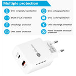 شاحن سريع TE-PD01 بمنفذين USB PD 20 واط + QC3.0 مع ضوء مؤشر، قابس الاتحاد الأوروبي، قابس الاتحاد الأوروبي