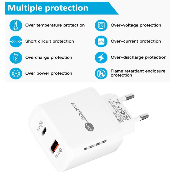 شاحن سريع TE-PD01 بمنفذين USB PD 20 واط + QC3.0 مع ضوء مؤشر، قابس الاتحاد الأوروبي، قابس الاتحاد الأوروبي