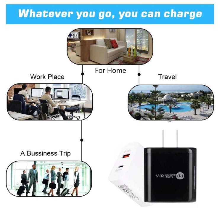 شاحن سريع TE-PD01 بمنفذين USB PD 20 واط + QC3.0 مع ضوء مؤشر، قابس الاتحاد الأوروبي، قابس الاتحاد الأوروبي