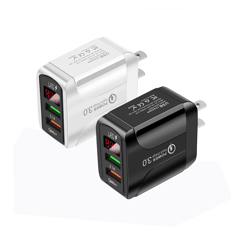 شاحن سريع F002C QC3.0 USB + USB 2.0 مع شاشة رقمية LED للهواتف المحمولة والأجهزة اللوحية، قابس الولايات المتحدة، قابس الولايات المتحدة