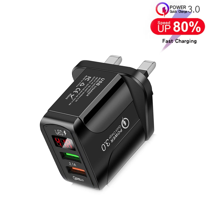 شاحن سريع F002C QC3.0 USB + USB 2.0 مع شاشة رقمية LED للهواتف المحمولة والأجهزة اللوحية، قابس المملكة المتحدة، قابس المملكة المتحدة