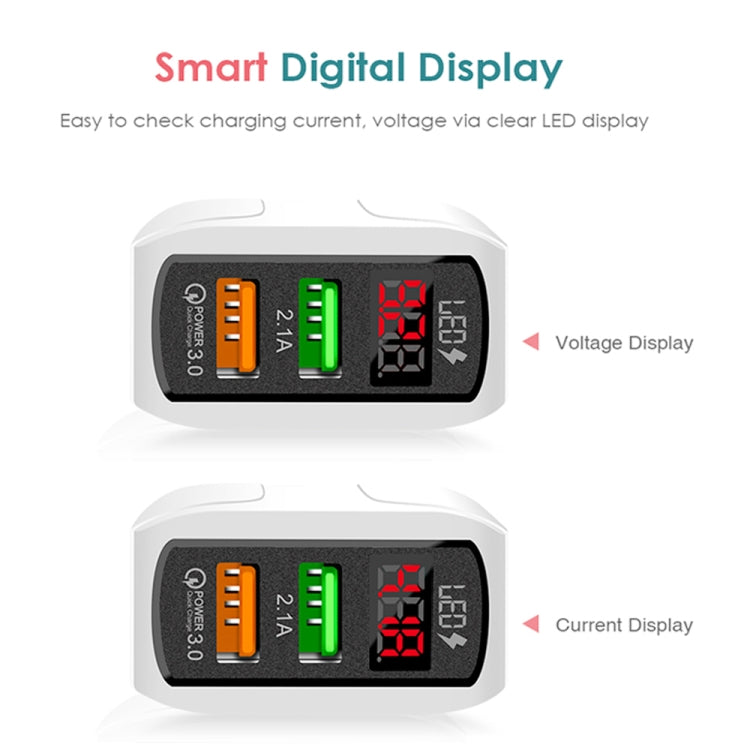 شاحن سريع F002C QC3.0 USB + USB 2.0 مع شاشة رقمية LED للهواتف المحمولة والأجهزة اللوحية، قابس المملكة المتحدة، قابس المملكة المتحدة